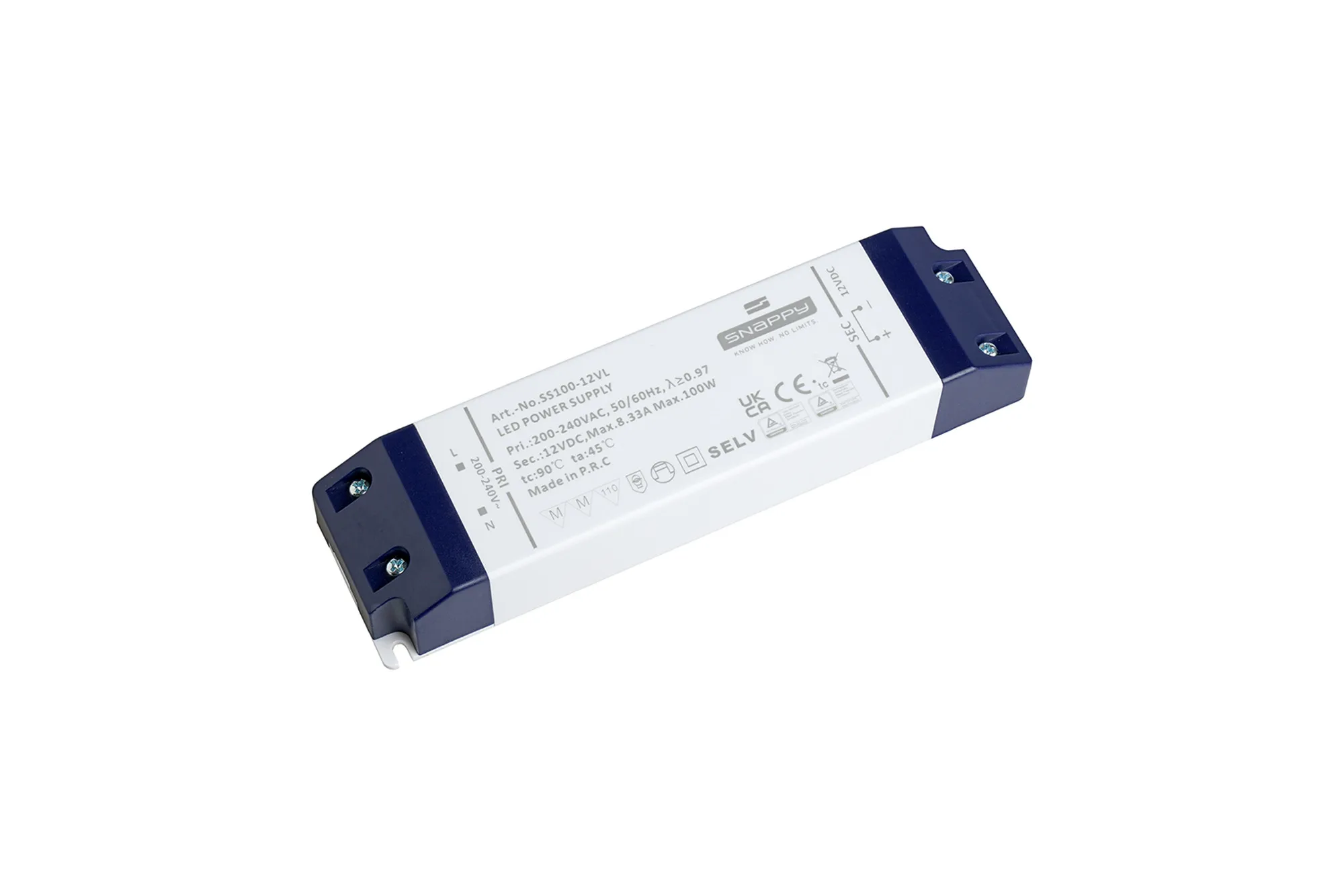 SS100-12VL  100W Constant Voltage Non-Dimmable LED Driver 12VDC  8.3A  IP20.
